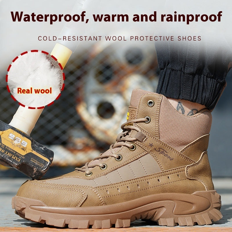 Men’s Winter Wool Safety Shoes Anti-Smashing, Plastic Toe Cap, Non-Slip, Warm Work Protective Footwear