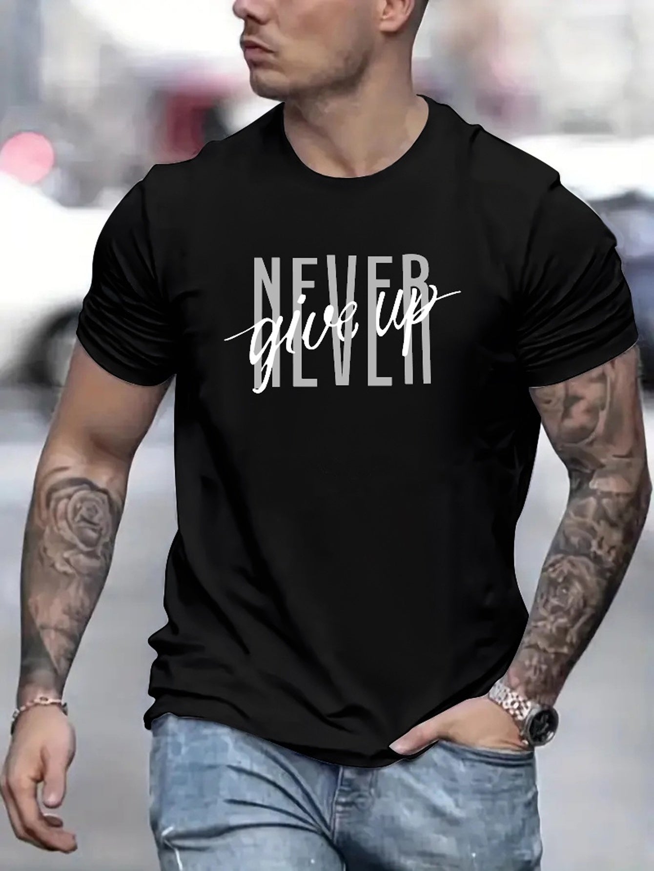 Never Give Up Printed T-Shirt for Men  Summer Casual Short Sleeve Tee Retro Motivational Shirt