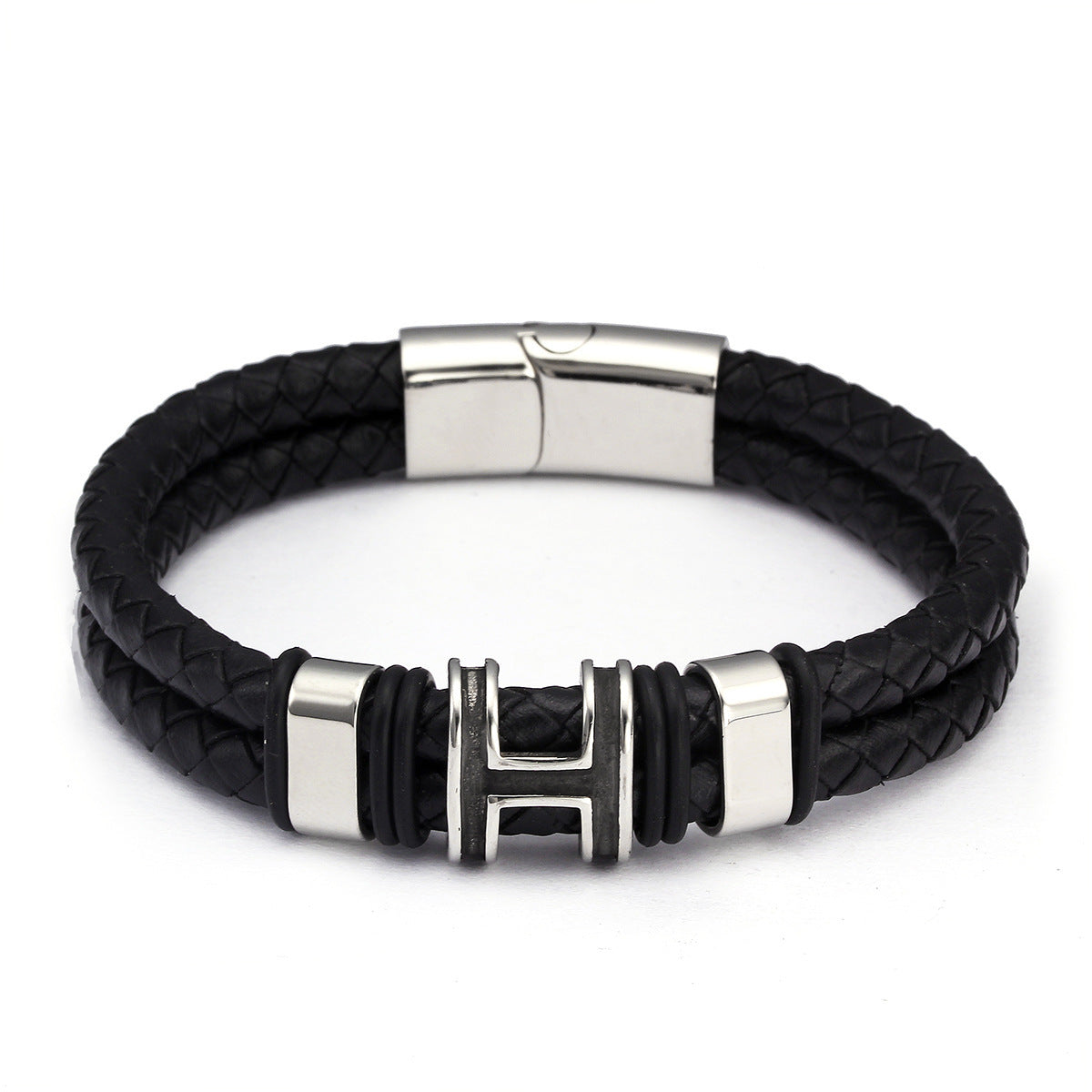 Retro Stainless Steel & Genuine Leather Bracelet for Men & Women H Charm Unisex Wristband
