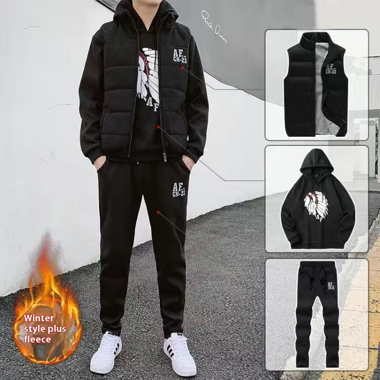 Men’s Plus Velvet Padded Tracksuit 3-Piece Winter Warm Outfit Cotton Sportswear Set with Vest, Sweatshirt & Pants
