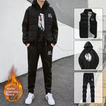 Men’s Plus Velvet Padded Tracksuit 3-Piece Winter Warm Outfit Cotton Sportswear Set with Vest, Sweatshirt & Pants
