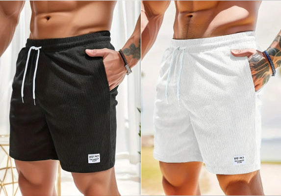 Men’s Corduroy Shorts Lace-Up Drawstring Summer Pants Casual Straight Fit Sports Shorts for Men