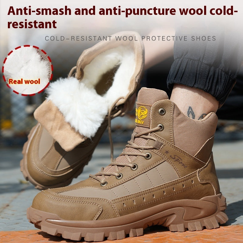 Men’s Winter Wool Safety Shoes Anti-Smashing, Plastic Toe Cap, Non-Slip, Warm Work Protective Footwear