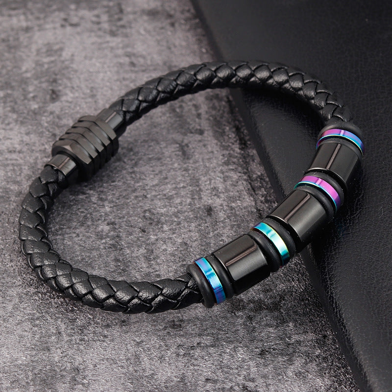 Men's Simple Leather & Titanium Steel Bracelet - Geometric Design & Polished Finish