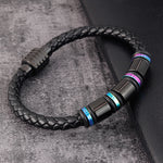 Men's Simple Leather & Titanium Steel Bracelet - Geometric Design & Polished Finish