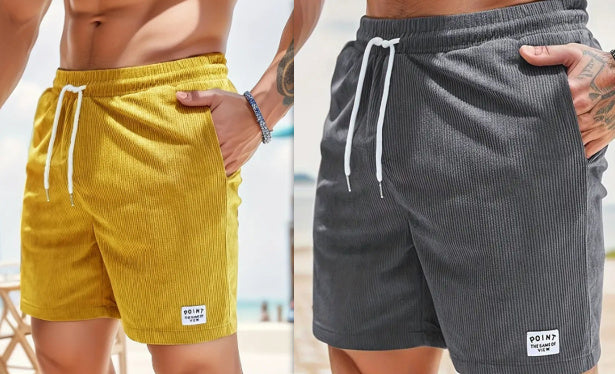 Men’s Corduroy Shorts Lace-Up Drawstring Summer Pants Casual Straight Fit Sports Shorts for Men