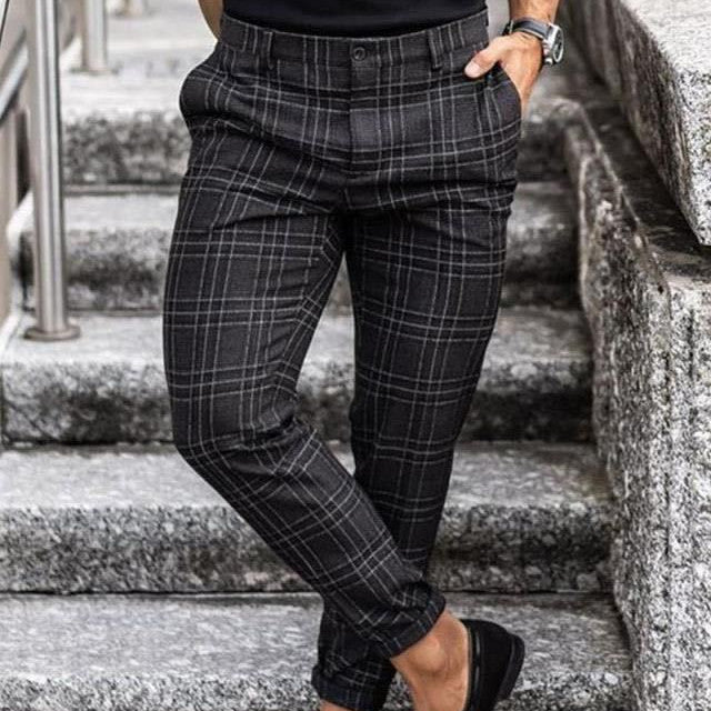 Plaid Print Men’s Casual Pants – Loose Thin Trousers with Pocket Decoration, Lightweight Workwear & Leisure Pants